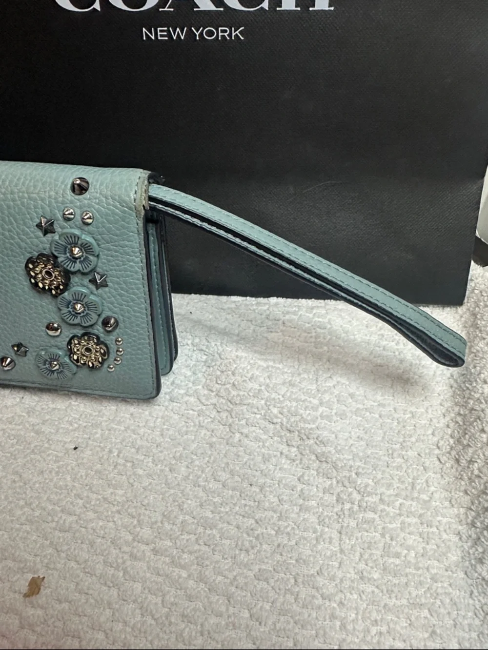 Coach Tea Rose Floral Studded Leather Wallet - Aqua Blue - Picture 8 of 16
